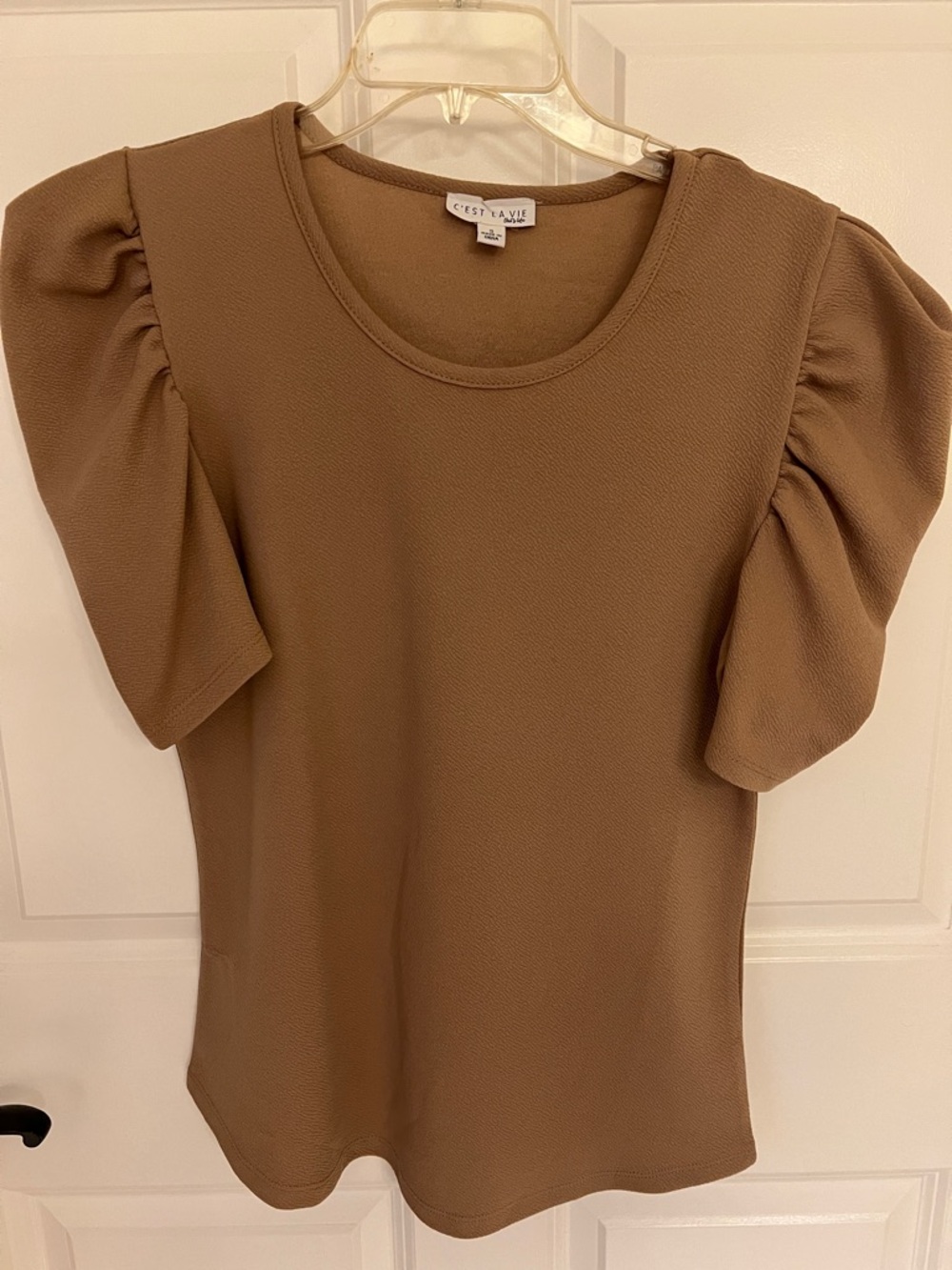 C'est La Vie Puff Sleeve Short Sleeve Top in Brown